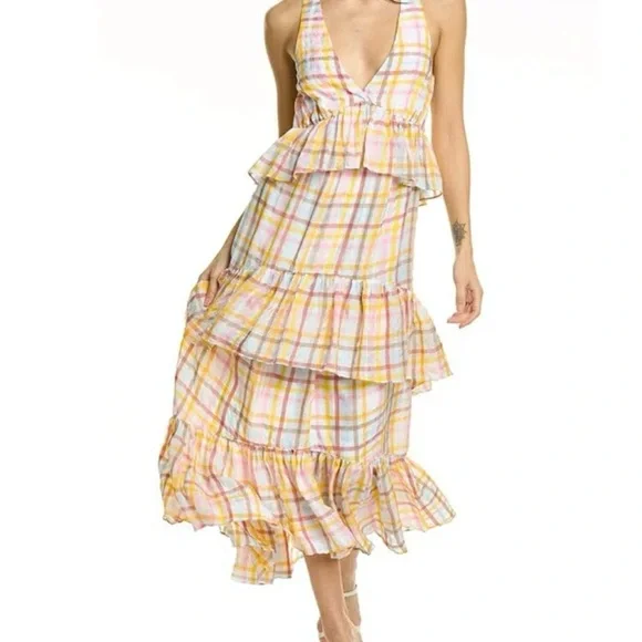 Cinq a Sept Astor Tiered Midi Dress Size 10 Plaid Pastel White Maxi NEW $465 - Picture 3 of 10